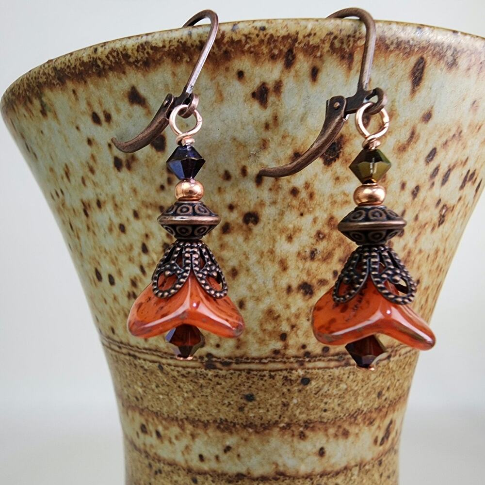 Earthy Orange Bell‎ Flower, Leverback Earrings, Beautiful Fall Flower Earrings